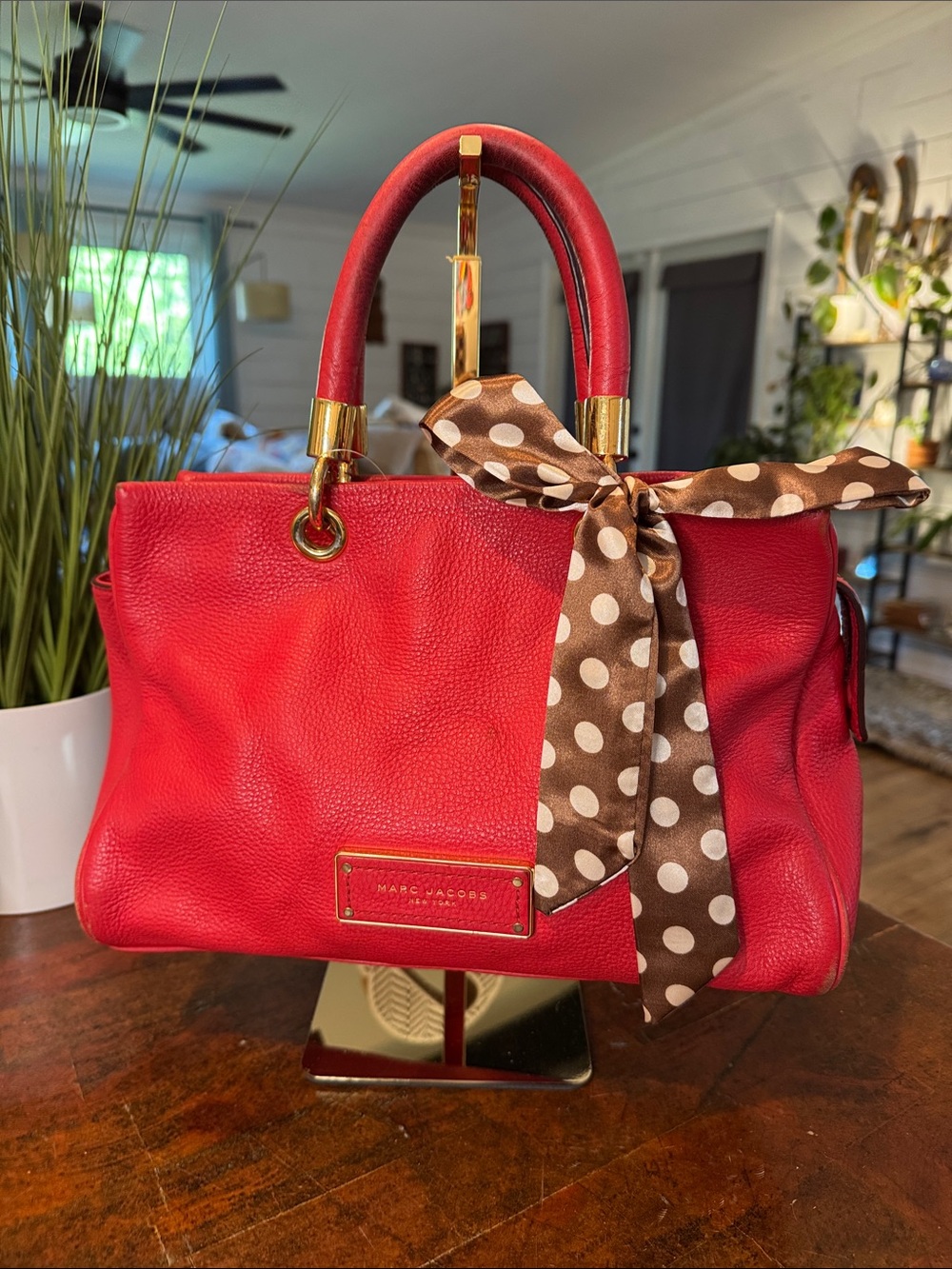 Marc Jacobs Red Leather Top-Handle Satchel with Polka Dot Scarf